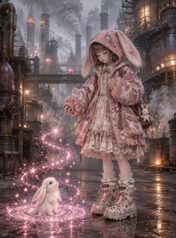 Girl in pink bunny hooded coat casts glowing pink magic on a fluffy white rabbit in a misty steampunk factory setting