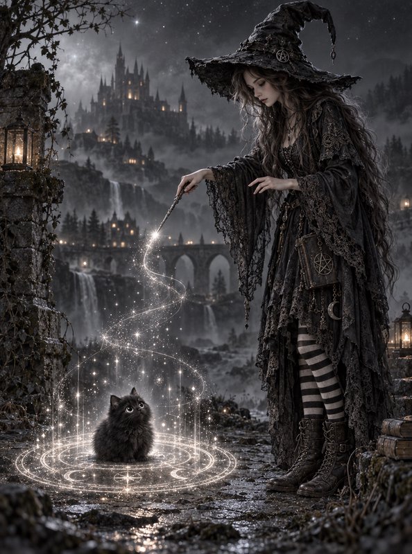 Young gothic witch casts a glowing magical spell for a fluffy black cat under a misty starry nigh...