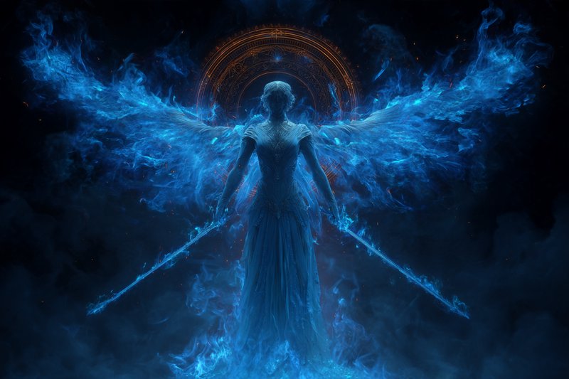 Ethereal glowing blue winged angel holds two blazing swords beneath an ornate magical golden arch