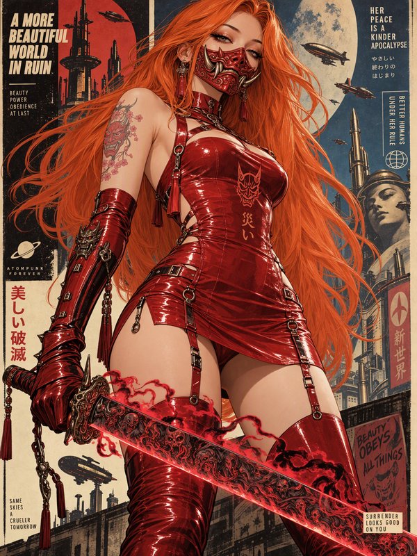 Long orange haired woman in red oni mask and latex outfit holds a glowing cursed katana on a dystopian atompunk poster