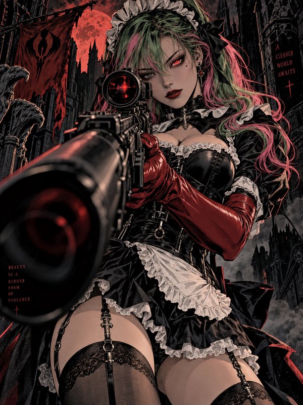 Gothic anime maid with pink and green streaked hair aims a sniper rifle directly at the viewer under a blood red moon