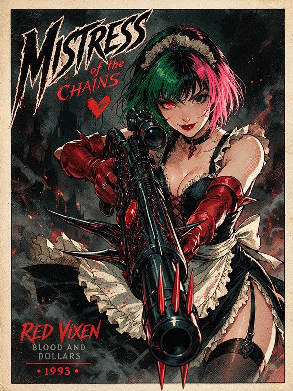 Retro pulp comic cover of a split pink-green hair maid character aiming an ornate spiked rifle at...