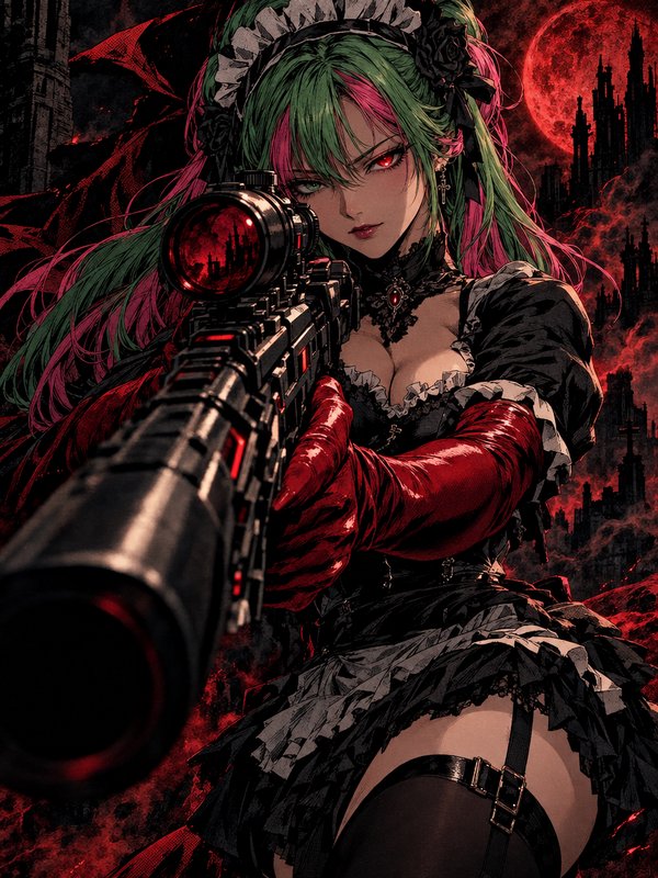 Gothic anime maid with two-tone pink green hair aims a sniper rifle under a glowing red blood moon