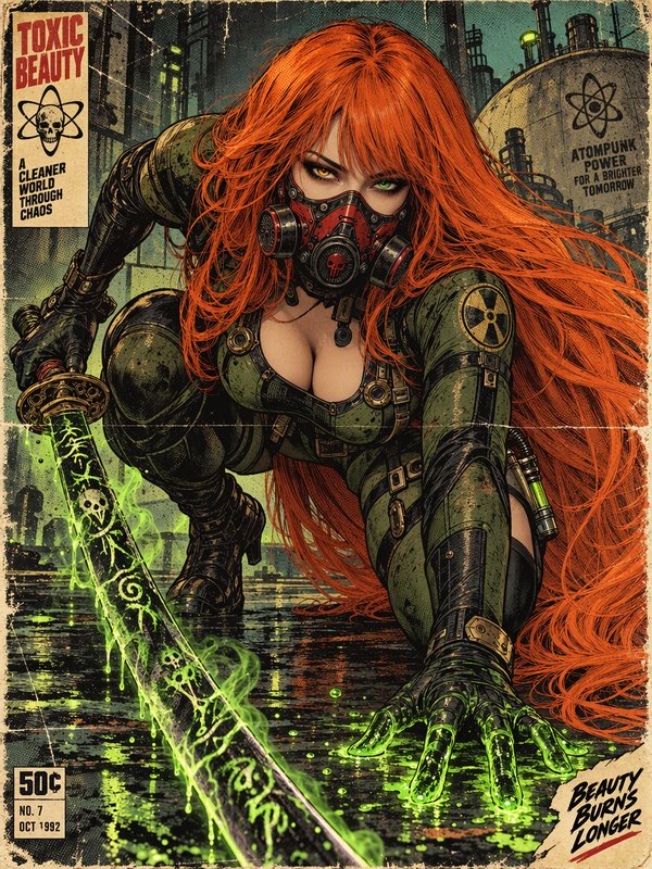 Fiery orange haired atompunk woman with a gas mask crouches holding a glowing toxic katana above ...