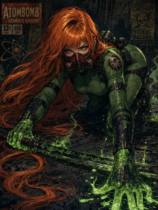 Fierce long red-haired hazmat operative with respirator grips a glowing toxic katana in a grim co...
