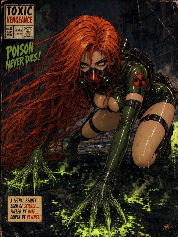 Vintage 1990s comic cover featuring a masked red-haired toxic heroine crouched over glowing radioactive sludge
