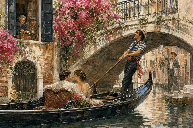 Romantic couple travels in a gondola under a stone Venice canal bridge draped in pink bougainvillea
