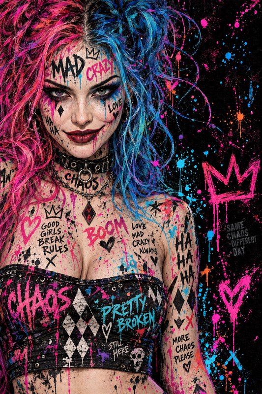 Stylized graffiti portrait of a Harley Quinn inspired woman with split pink and blue dyed hair