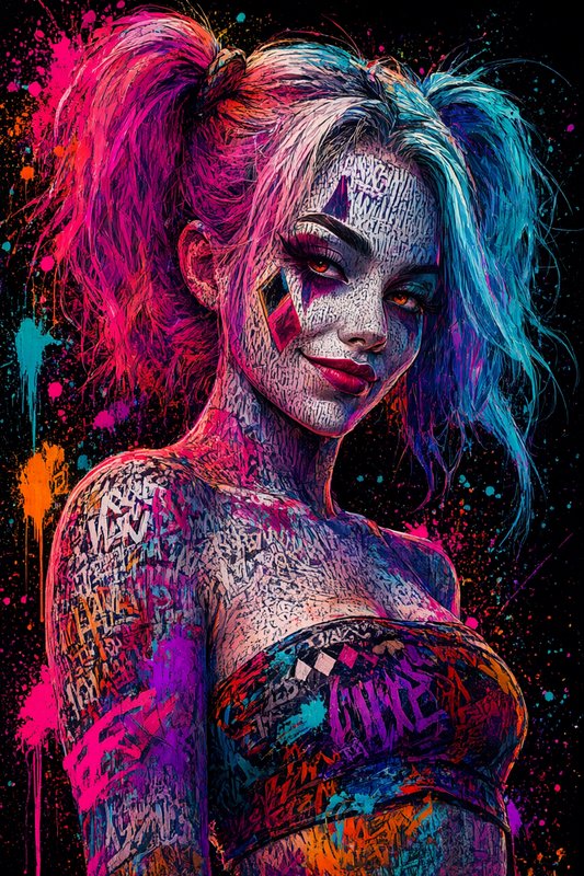Vibrant graffiti style portrait of Harley Quinn with pink and blue pigtails on a dark paint splat...