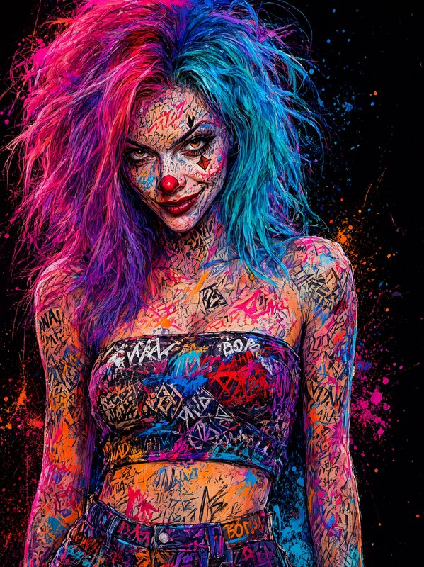 Edgy punk clown woman with split pink and blue hair smirks against a dark paint splatter background
