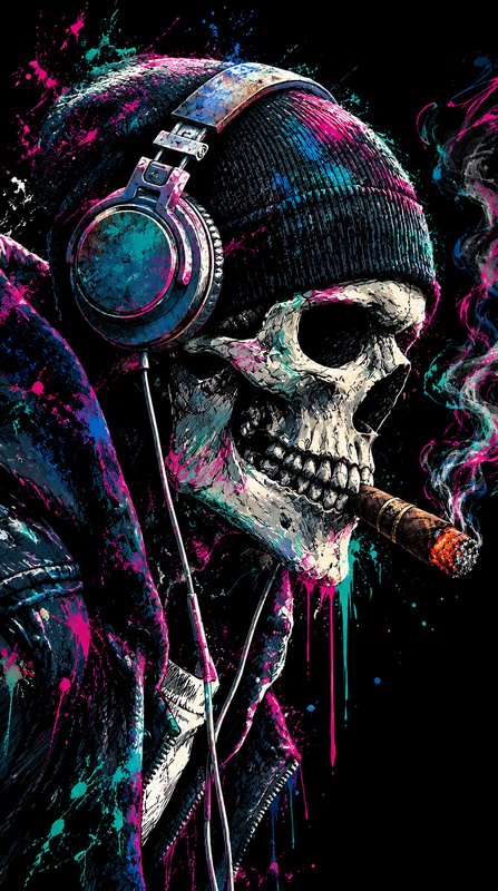 Grunge skull wearing a beanie and headphones smoking a lit cigar over neon splatter background