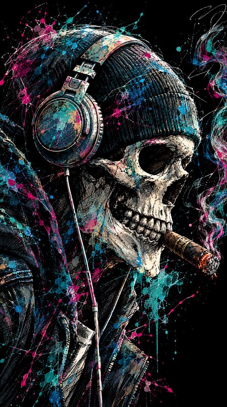 Graffiti style skeleton wearing headphones and a beanie smokes a lit cigar against a dark splattered background