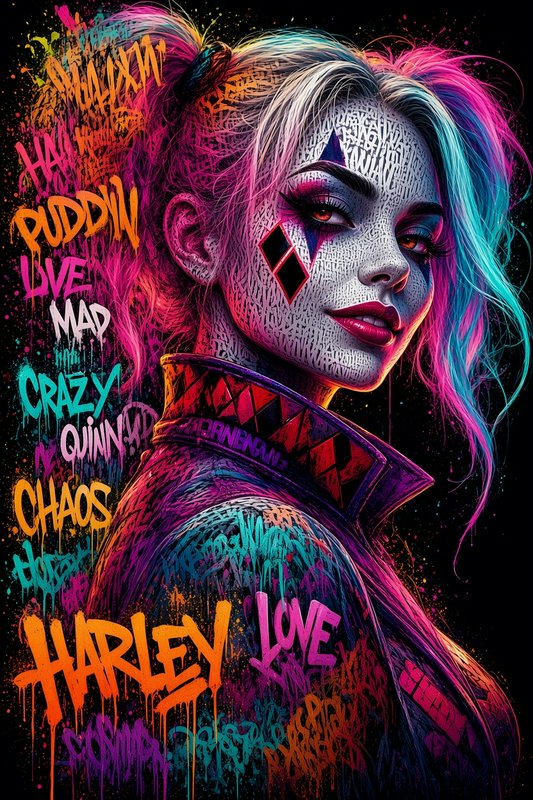 Vibrant graffiti style portrait of Harley Quinn with neon pigtails and dripped text splatters on ...