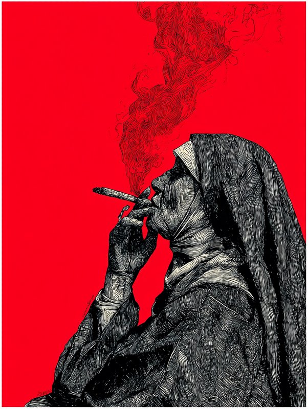 Crosshatched line art illustration of a nun smoking a cigarette, red smoke curling against a solid bright red backdrop