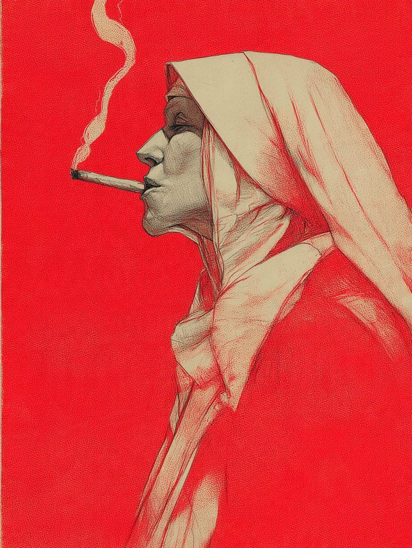 Profile view of a hooded nun smoking a lit cigarette against a bright solid red background
