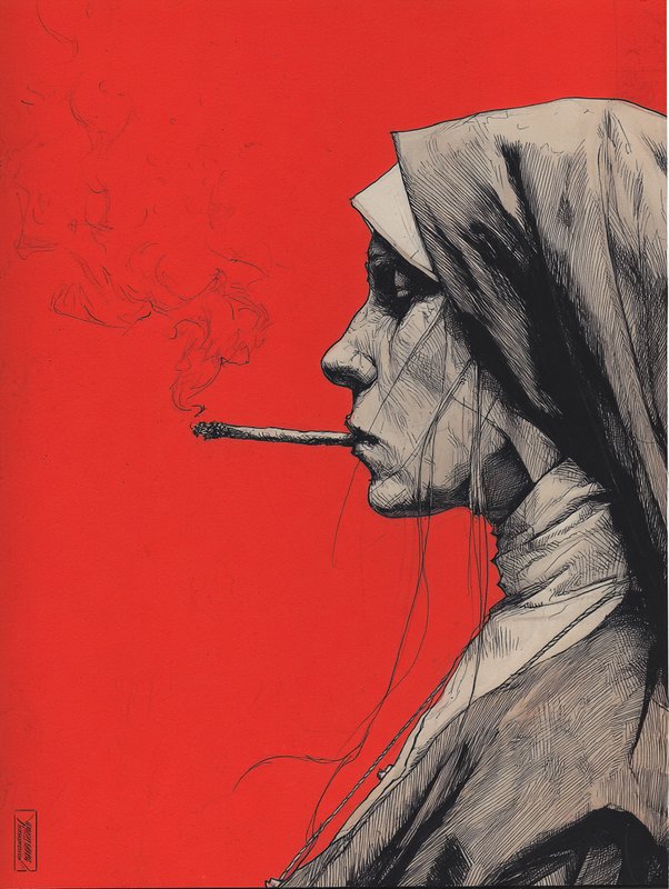 Side profile illustration of a nun smoking a lit cigarette against a bright solid red background