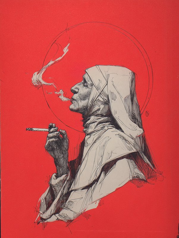 Ink sketch of a haloed nun smoking a cigarette against a bright solid red background