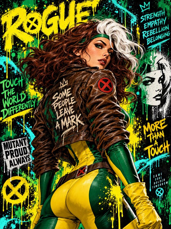 X-Men superhero Rogue looks over her shoulder against a vibrant graffiti-style mutant themed back...