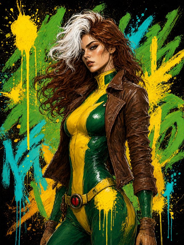 X-Men's Rogue stands confidently in her signature costume against a vibrant paint splatter backdrop