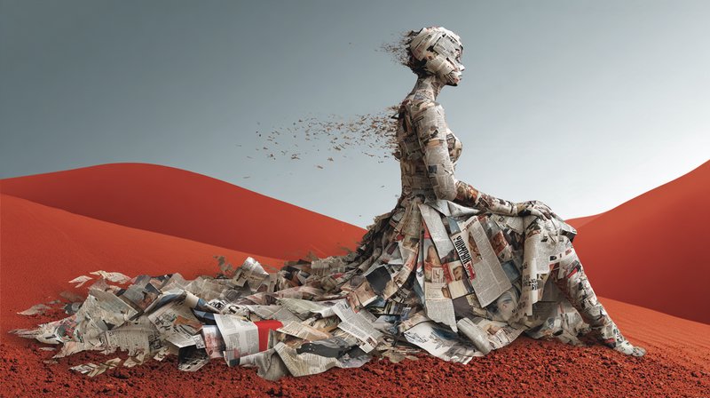 Surreal newspaper constructed female figure disintegrating while seated on red desert dunes