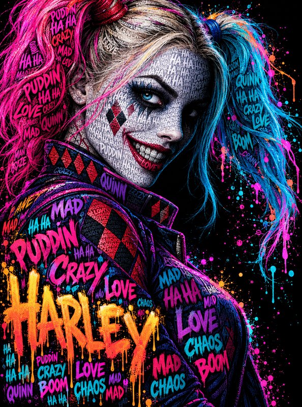 Graffiti style portrait of Harley Quinn with pink blue pigtails, word art overlay and neon paint splatters