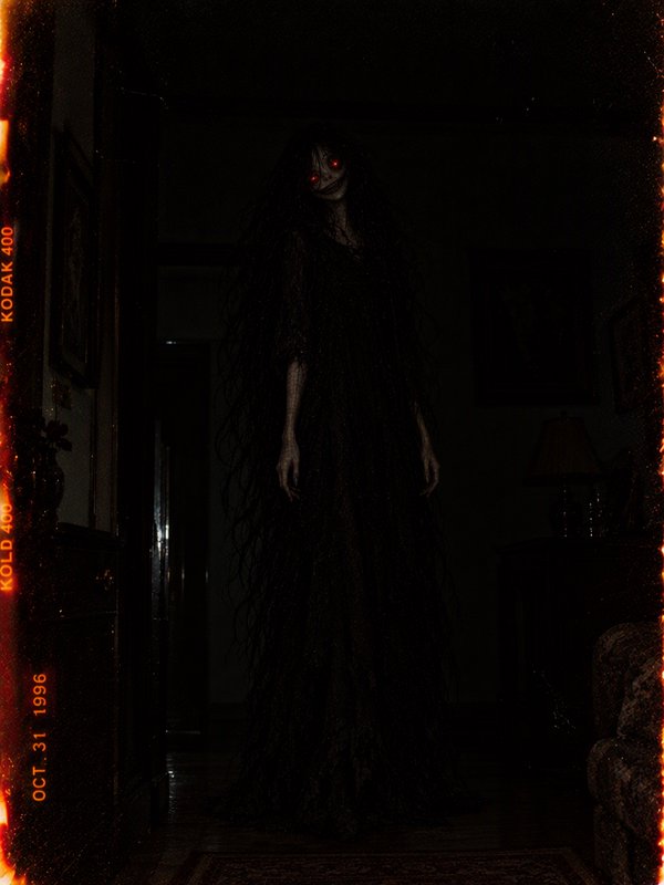 Tall gaunt ghostly woman with glowing red eyes stands in a dark home hallway, vintage horror film border