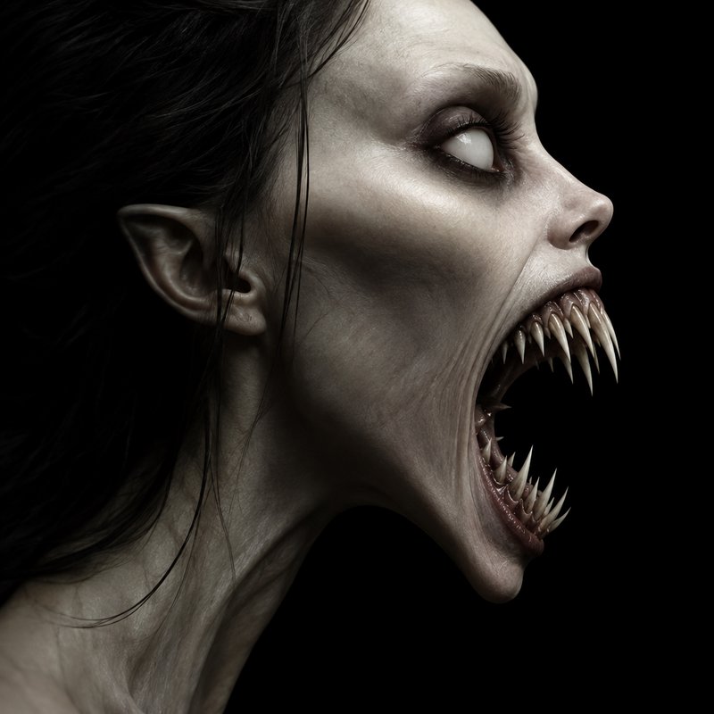 Close-up profile of a pale gaunt monstrous female creature with sharp fangs screaming against a b...