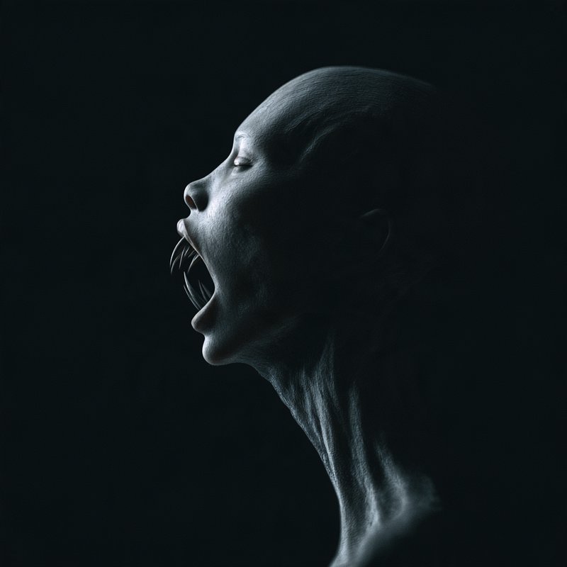 Eerie bald pale humanoid monster with fanged open mouth screams against a dark black background