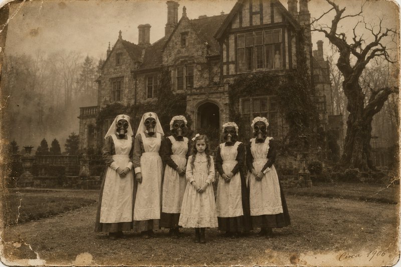Sepia 1906 vintage photo of staff in gas masks standing with a young girl outside a spooky Tudor ...