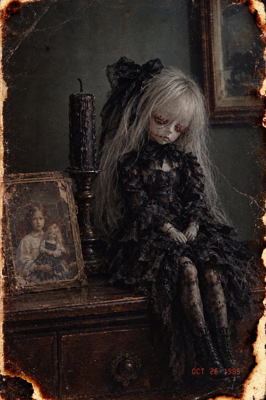 Creepy stitched gothic art doll sits on a vintage wooden dresser beside a black candle and old fr...
