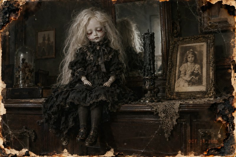 Creepy stitched gothic porcelain doll sits on a dust-covered antique mantel in a haunted vintage ...