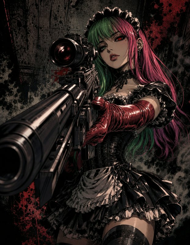 Gothic anime maid with split pink-green heterochromatic hair aims a large sniper rifle at the viewer