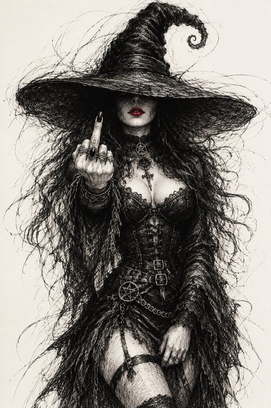Defiant gothic witch in a tall spiraled hat holds up her middle finger to the viewer