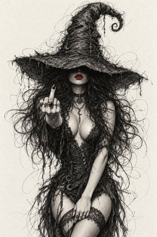 Defiant gothic witch in a tattered pointed hat holds up her middle finger to the viewer