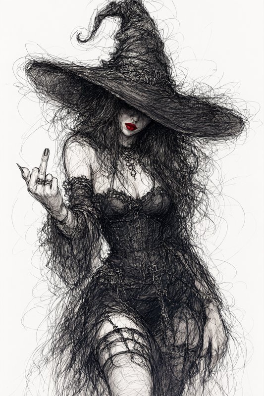Scribble style gothic witch in a wide pointed hat flipping off the viewer, with bold red lips