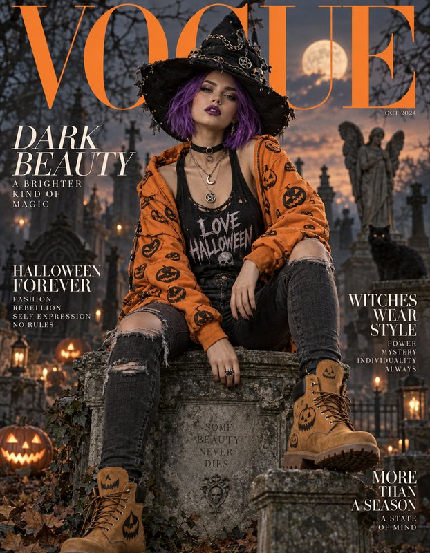 Vogue October 2024 Halloween cover of purple-haired witch model seated on a cemetery gravestone u...