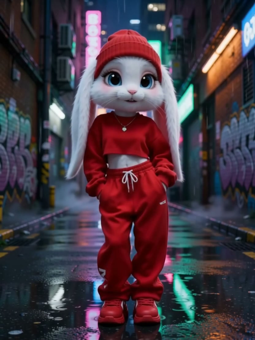 Cute fluffy white lop-eared bunny in red streetwear stands in a rainy neon-lit urban alley at night.