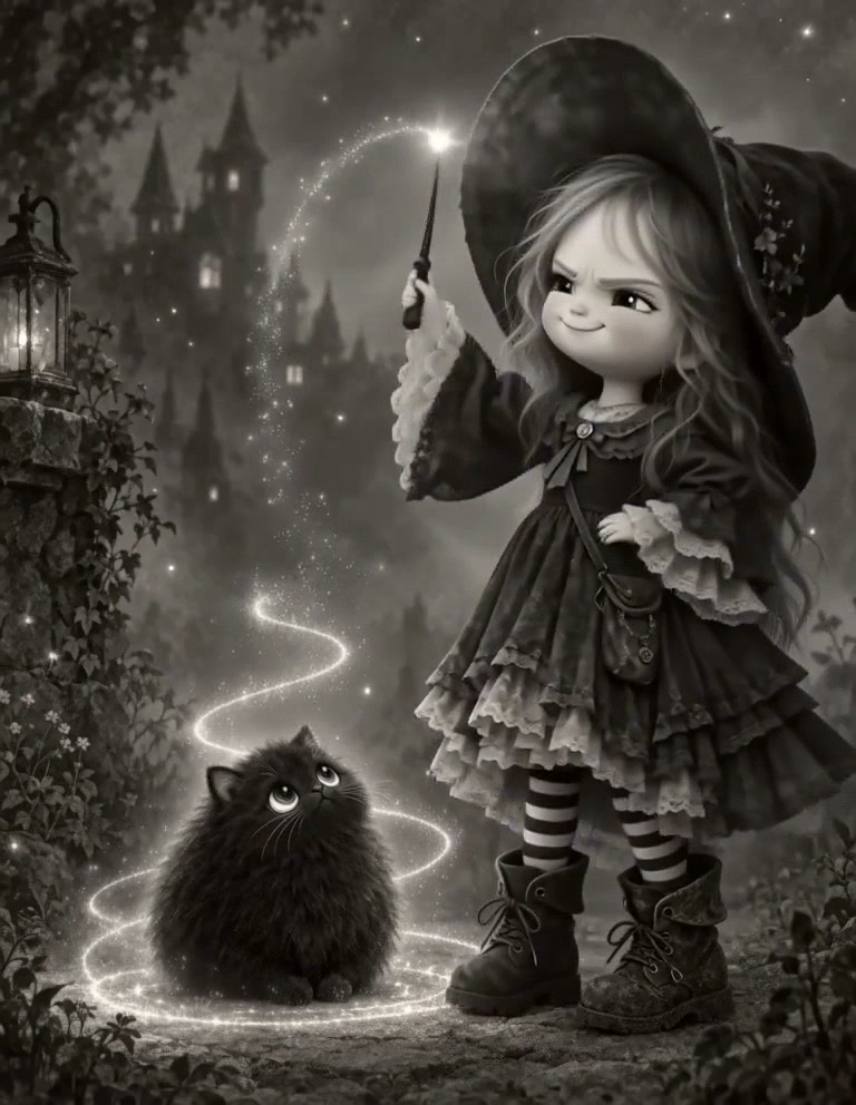 Cute chibi young witch casts a glowing magic spell beside her fluffy black cat before a misty got...