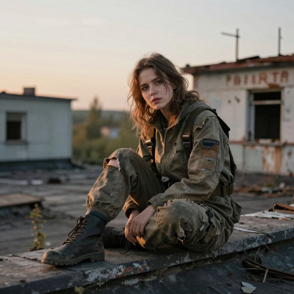 Young woman in tattered tactical gear sits on a crumbling derelict rooftop at golden hour sunset