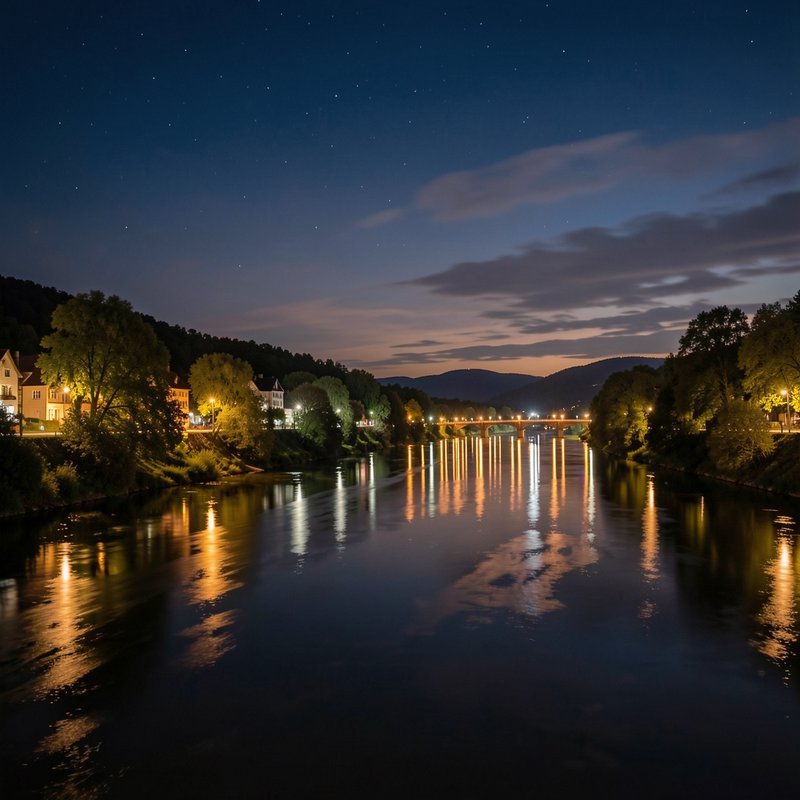 Starry twilight view of an illuminated arch bridge spanning a calm river, warm town lights reflecting across the water, tr...