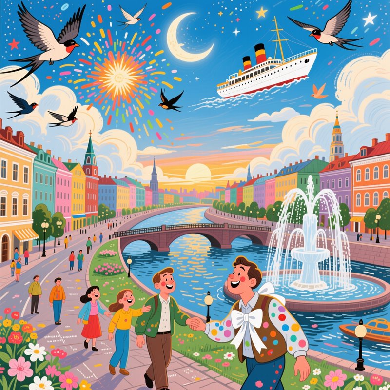 Whimsical illustrated city riverfront, with colorful fireworks, a flying steamship, happy pedestr...