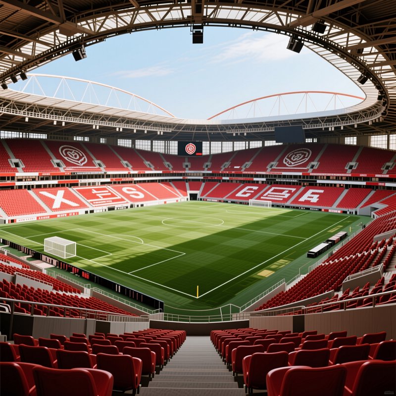 Empty modern soccer stadium viewed from grandstand seats, with red tiered seating, striped green ...