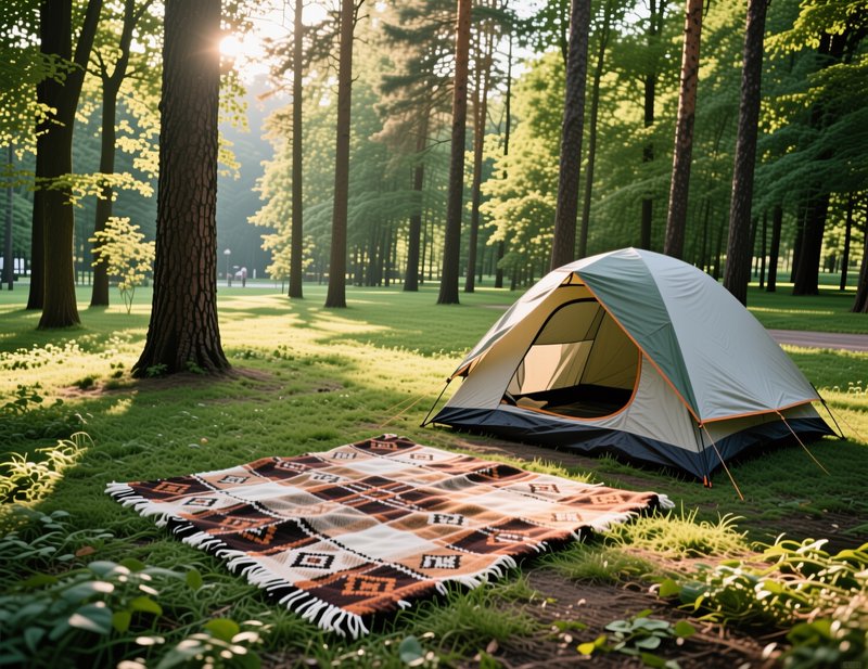 Dome camping tent and geometric woven blanket set up on a sunlit grassy forest campsite at golden...