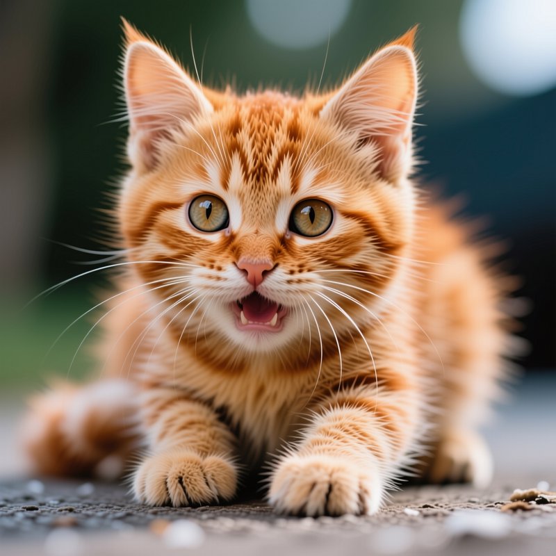 Close-up of an alert fluffy orange tabby kitten with wide golden eyes and open mouth, posed low o...
