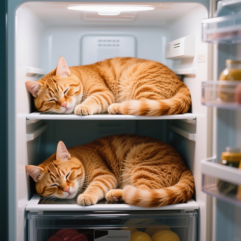 Two identical sleeping orange tabby cats rest stacked on shelves inside an open lit refrigerator.