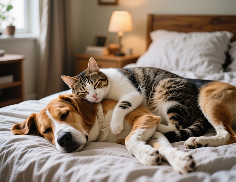Sleeping tabby and white cat cuddles a napping beagle dog, both resting peacefully on a soft bed ...