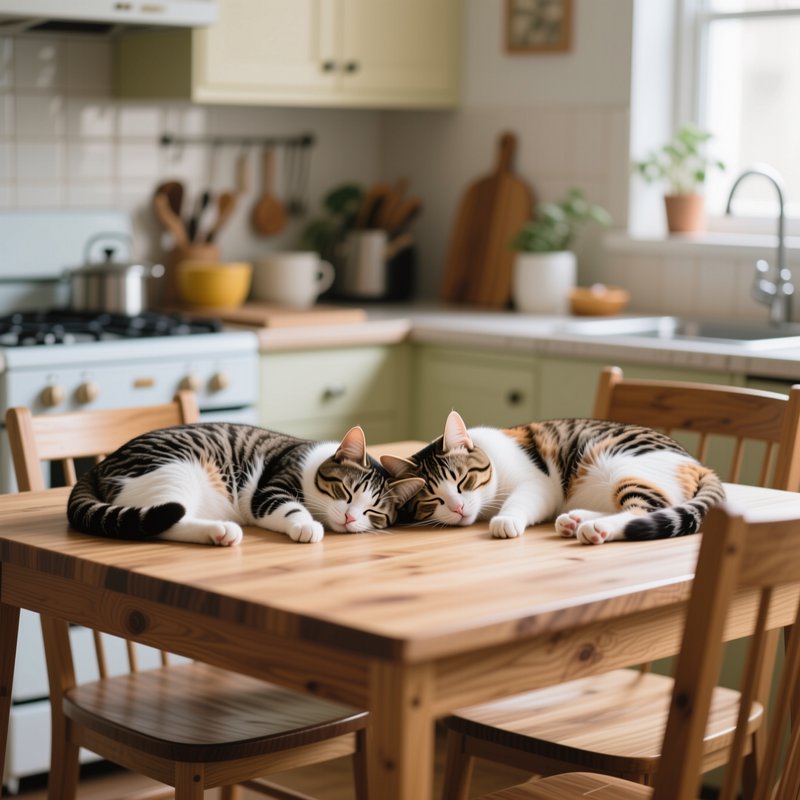 Two sleeping tabby calico cats rest side-by-side on a wooden dining table in a sunlit cozy home k...