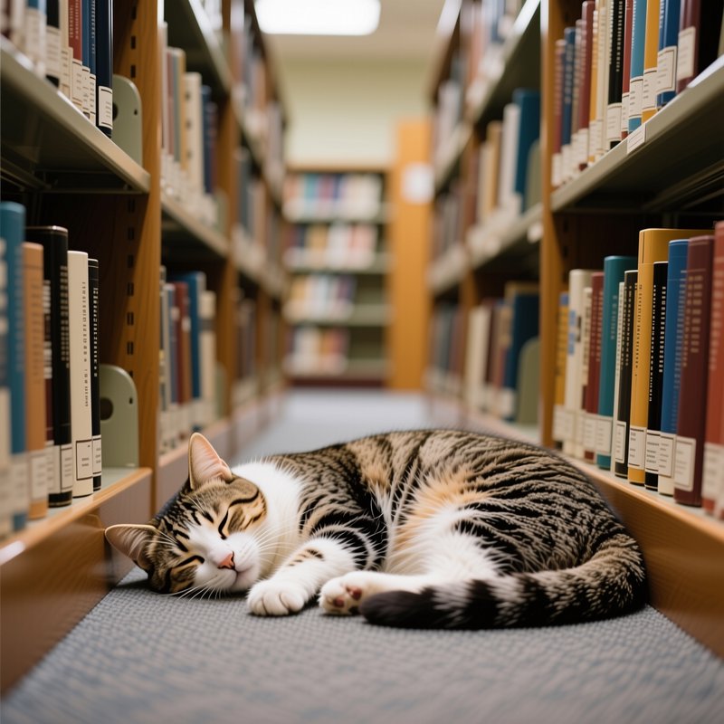 Tabby and white cat fast asleep on carpeted library aisle floor, flanked by bookshelves lined wit...