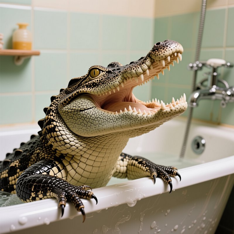 Cheerful alligator with an open mouth perched on a bathtub edge in a pastel mint tiled bathroom