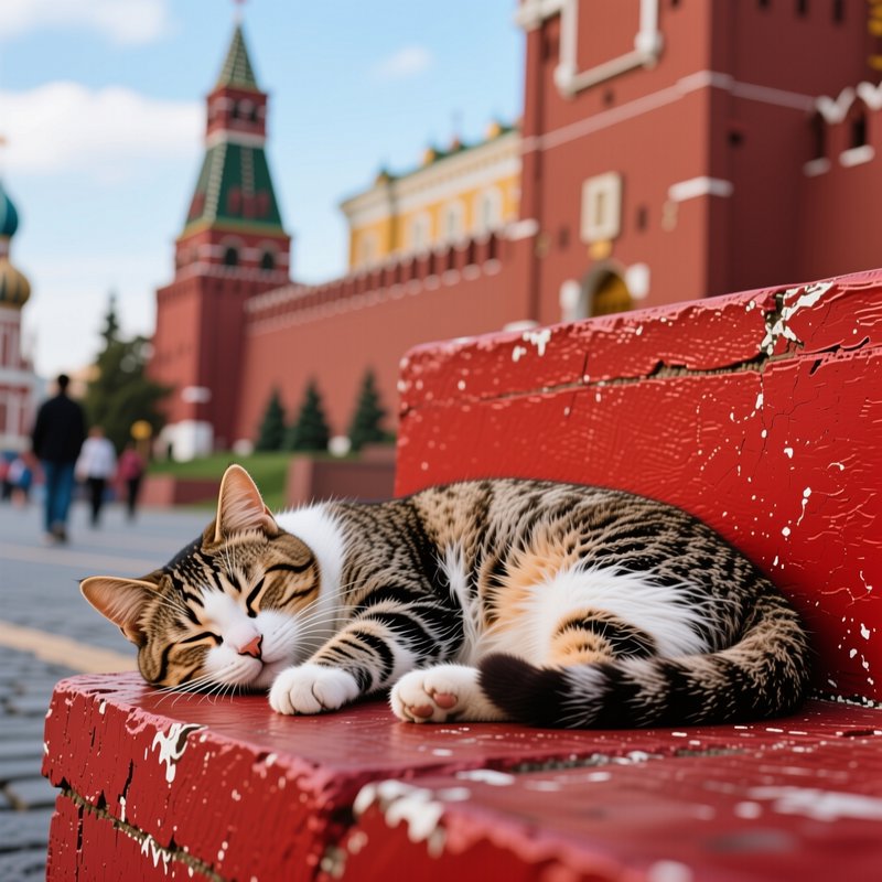 Fluffy tabby and white cat napping on a chipped red bench, Moscow Kremlin towers in the sunny blu...